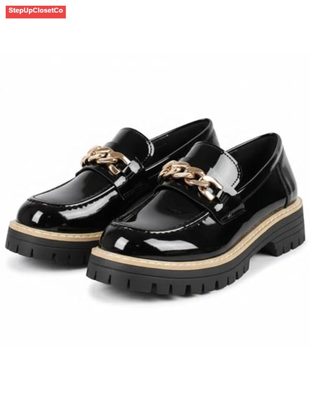 Patent Leather Platform Loafers Chain-Strap Round Toe Chunky Heel Slip-On